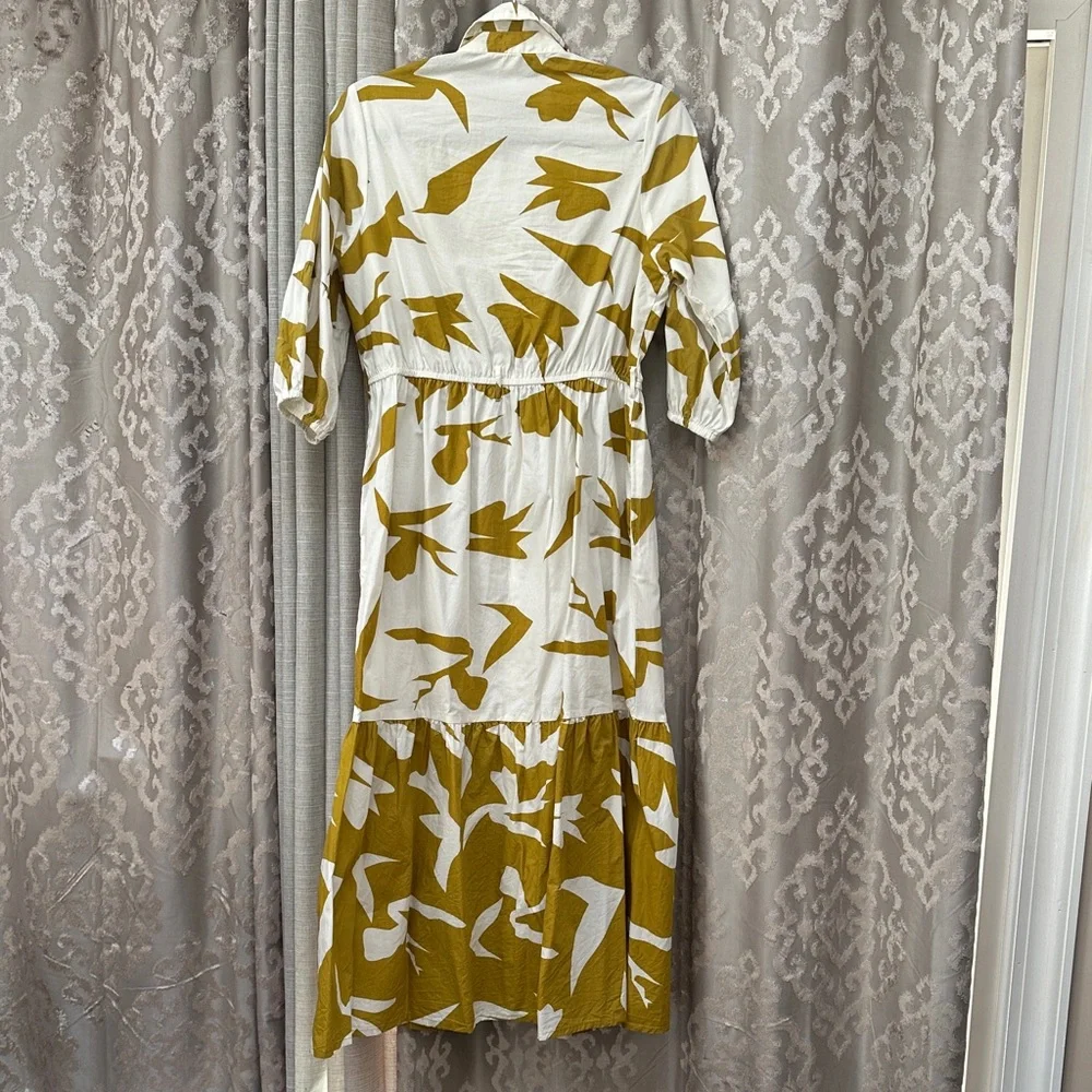 Naoo Floral White and Gold Button-Down Cotton Short Sleeve Dress Size Large - Picture 7 of 7